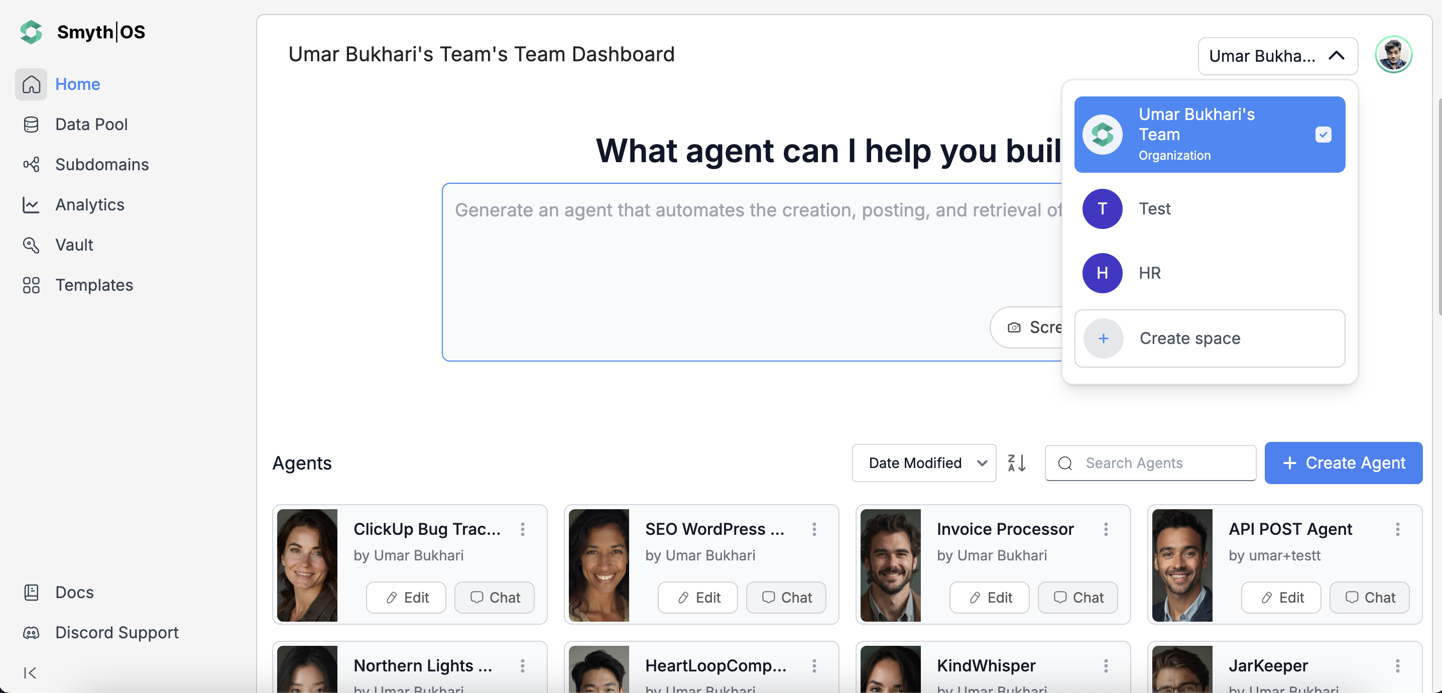 Agent dashboard in a SmythOS Space showing shared agents, data, and collaboration tools