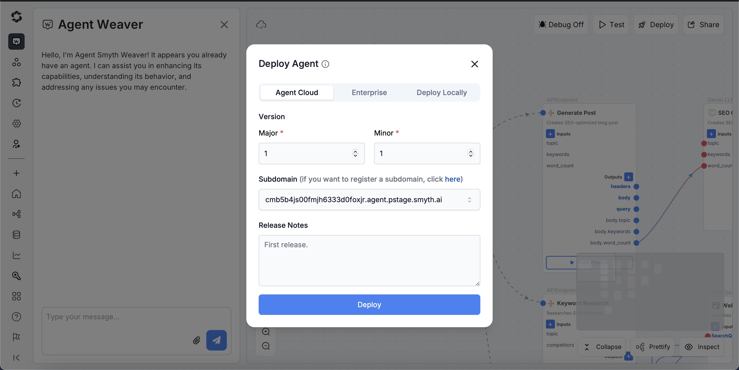 Agent Cloud deployment dashboard in SmythOS showing a live subdomain and deploy options